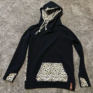 Ampersand Avenue Double Hood Sweatshirt Womens Large Black Hoodie Leopard Detail